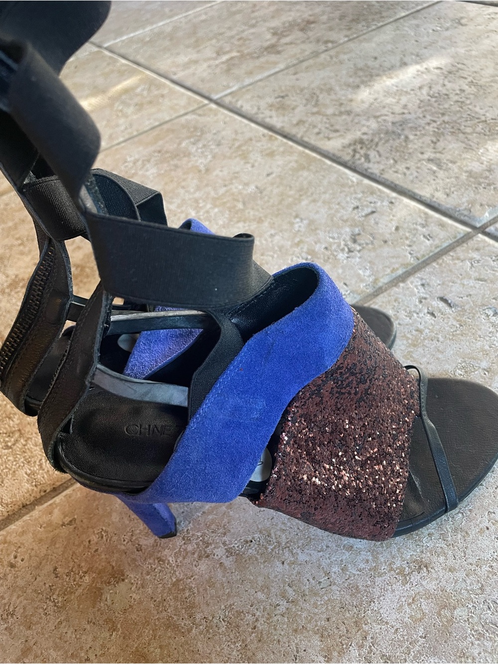 Royal Blue Suede & Brown Glitter Strappy Women’s Heels